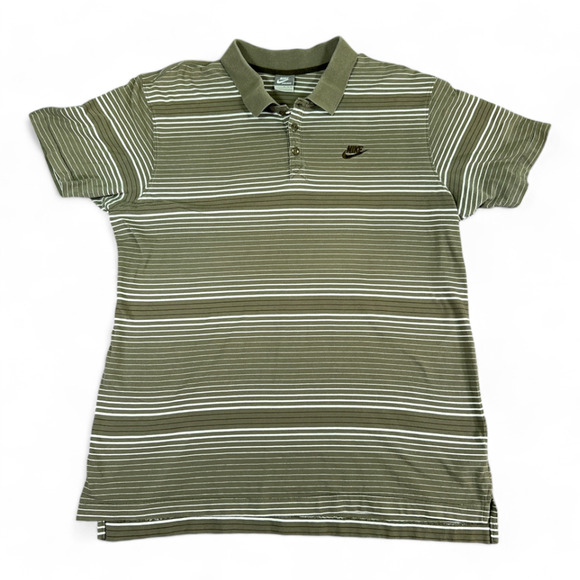 Nike Polo Shirt Adult LARGE Brown White Striped Spell Out Swoosh Ourtdoor Y2K - Picture 1 of 8